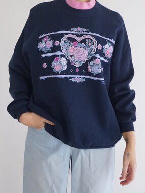 Vintage Morning Sun Navy Floral Heart Rose Garden Cottage Graphic Sweatshirt PL